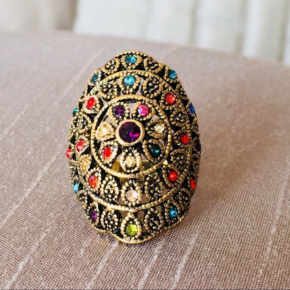 Turkish Multi Color Crystal Statement Cocktail Ring - Picture 2 of 8